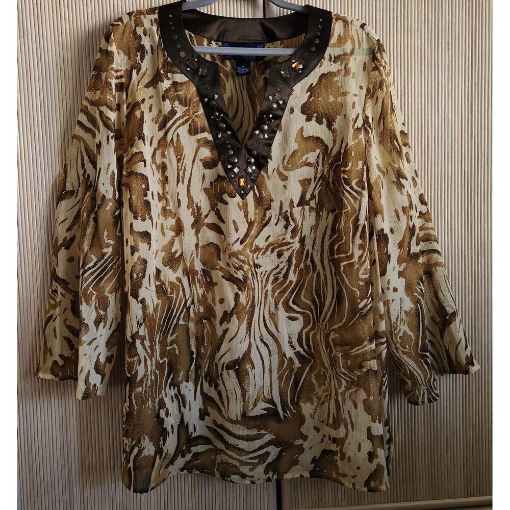 Susan Graver Women's Blouse Size 1X Brown Boho Peasant Sheer Bling EUC